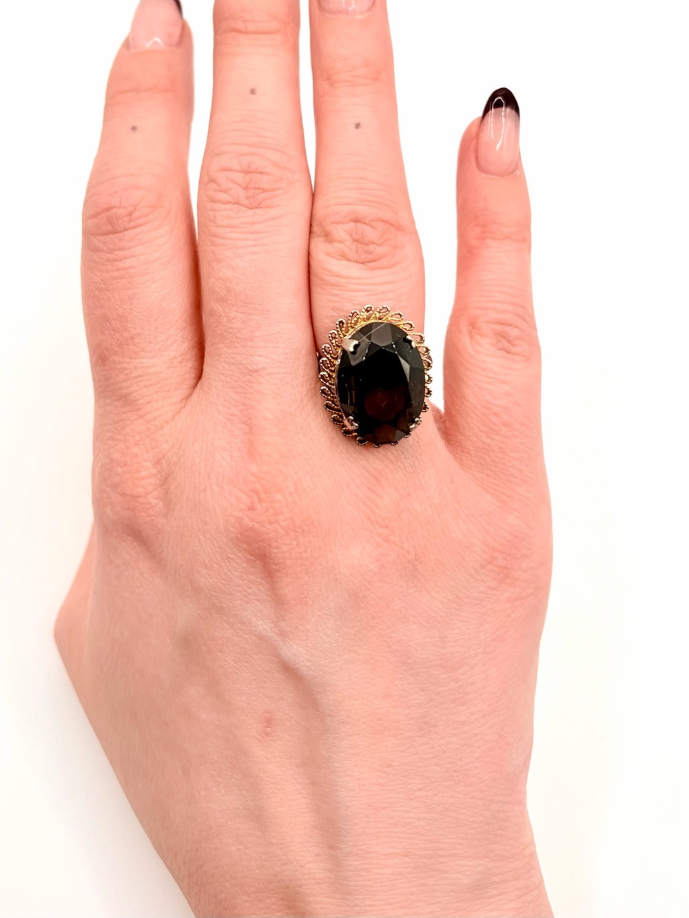 Vintage 1960s gold-tone adjustable smokey quartz cocktail ring - Picture 12 of 14